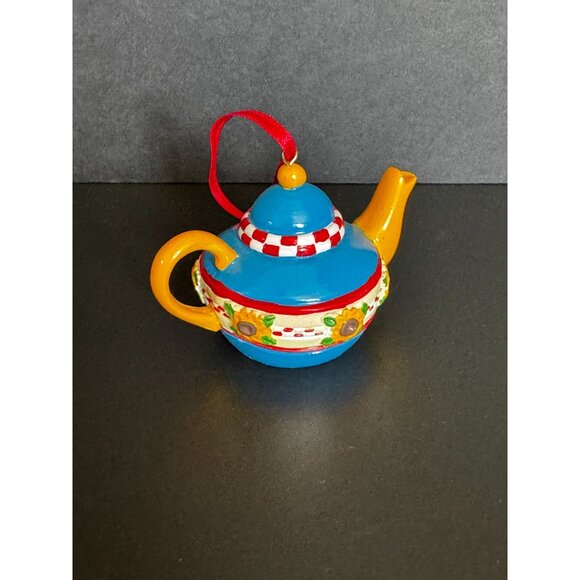 Mary Engelbreit Miniature Teapot Ornament Blue Yellow Sunflowers Flowers Christm - Picture 12 of 16
